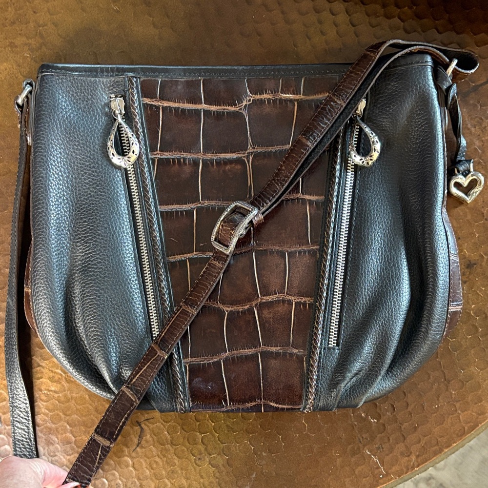 Brighton Black Leather & Brown Croc Shoulder Purse 2 Zip Pockets Teardrop Pulls